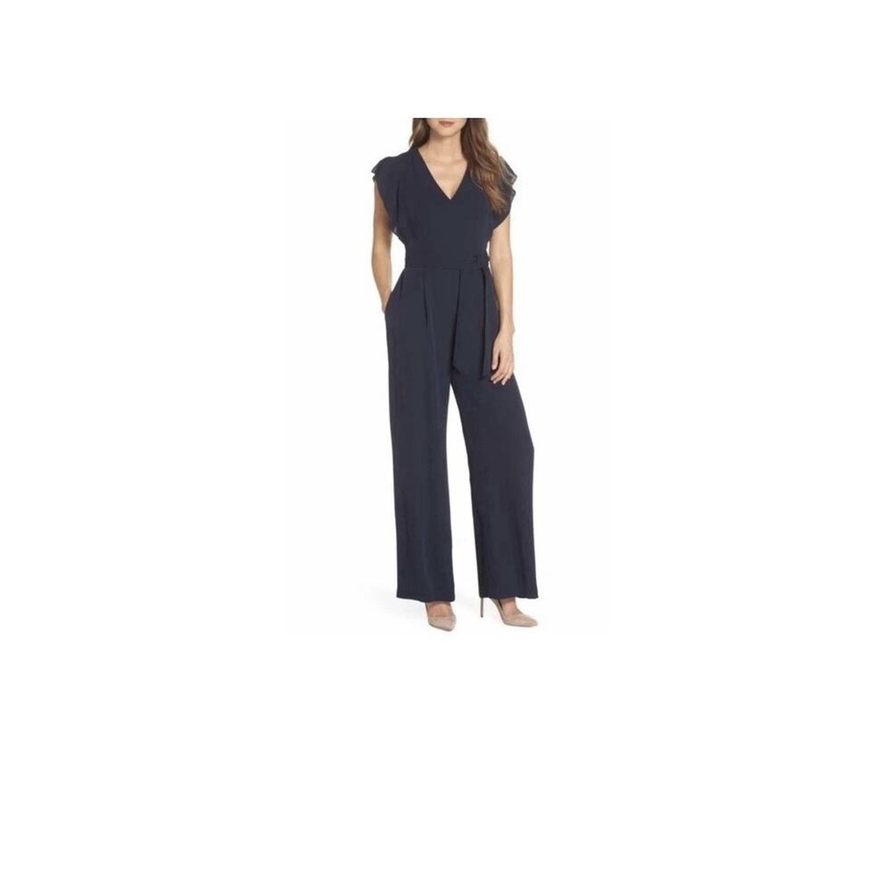 Eliza J Wide Leg Jumpsuit Size 8 Navy Blue V-Neck Tie Waist Evening Formal‎